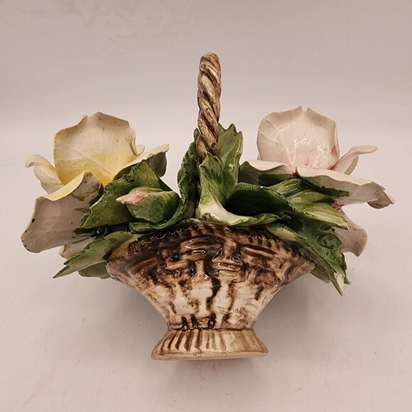 Large Vtg Nuova Capodimonte Fili Savastano Porcelain Roses In A Basket Italy - Picture 4 of 9